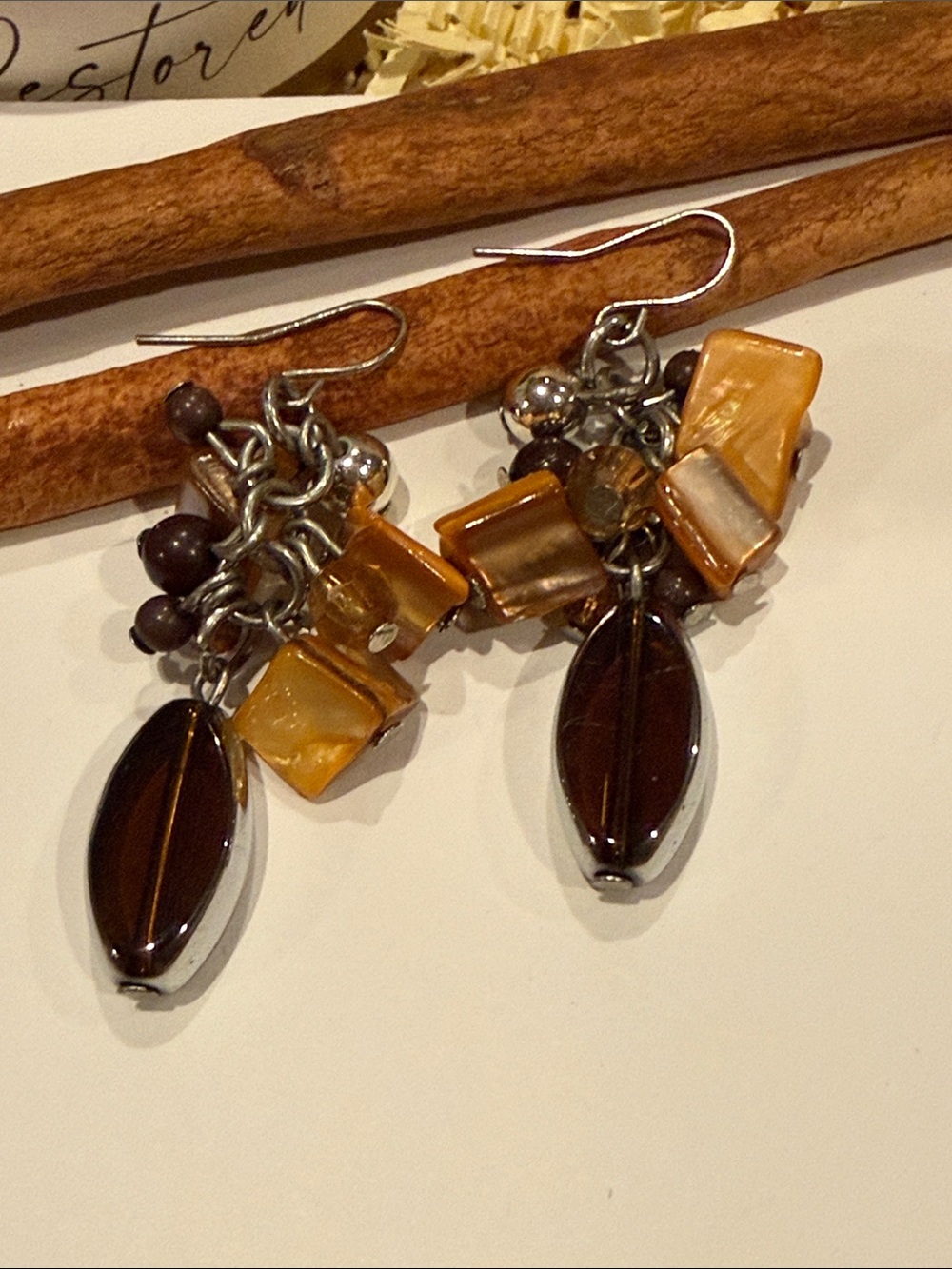 Amber & Brown Beaded Dangle Earrings